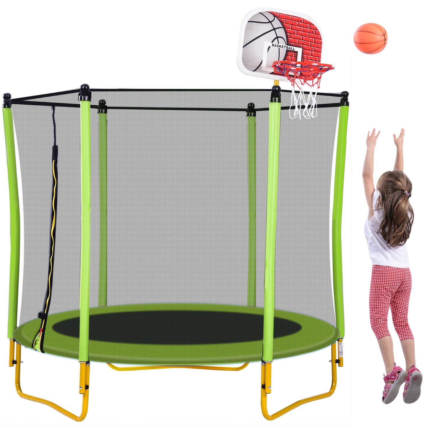 5.5FT Trampoline for Kids - 65" Outdoor & Indoor Mini Toddler Trampoline with Enclosure, Basketball Hoop and Ball Included