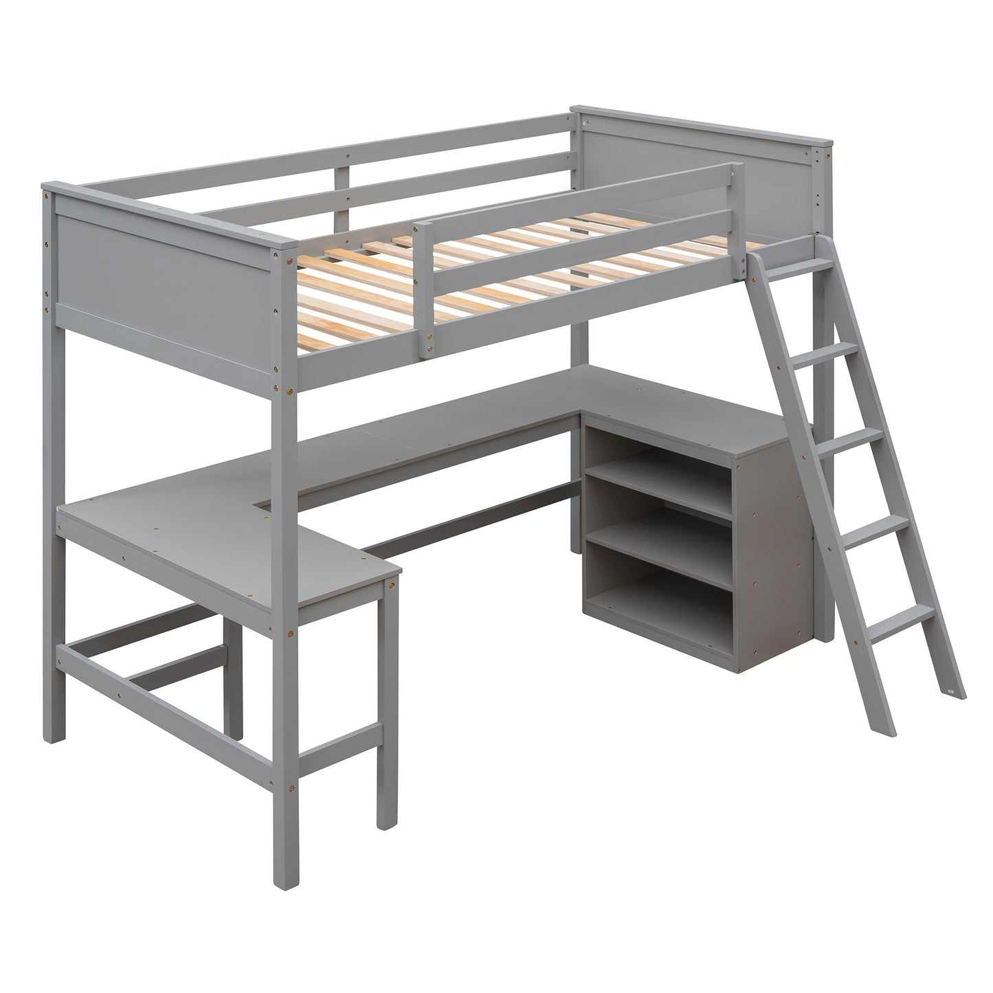 Twin size Loft Bed with Shelves and Desk, Wooden Loft Bed with Desk - Gray(OLD SKU:LT000537AAE)