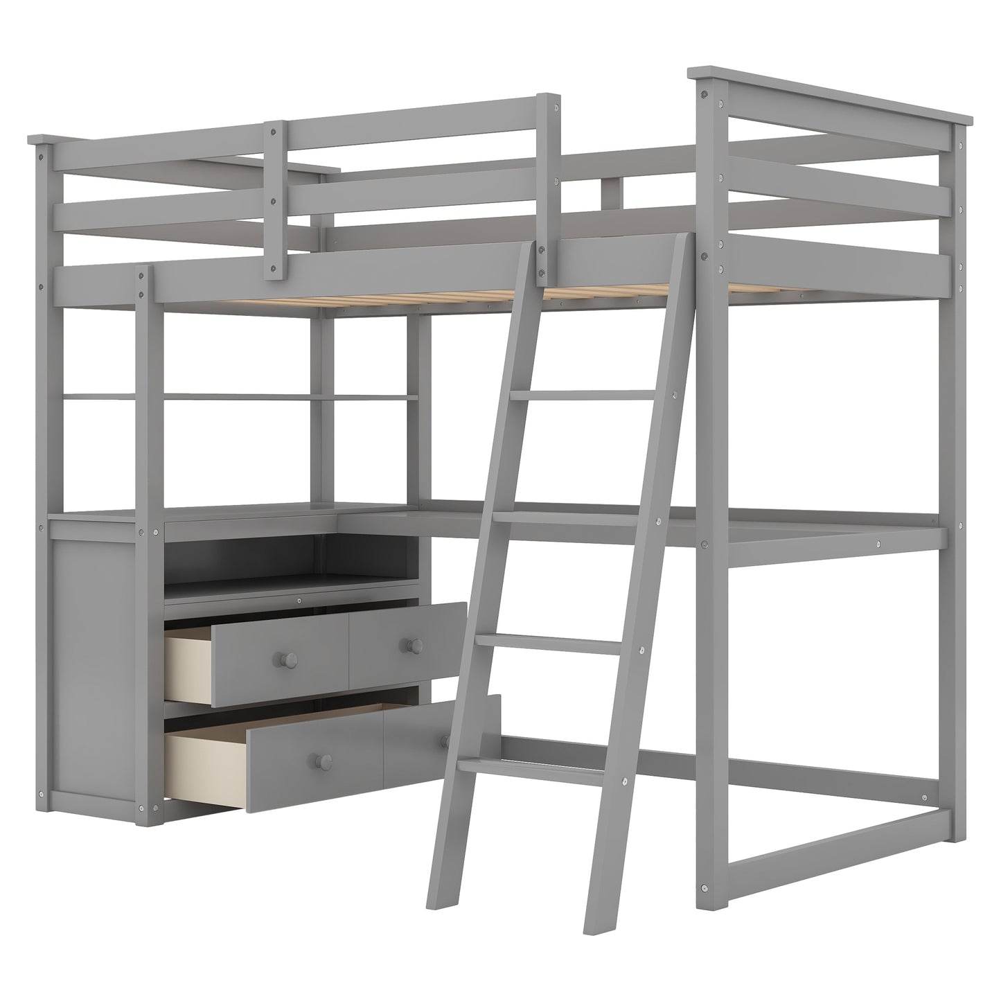 Twin Size Loft Bed with Desk and Shelves,Two Built-in Drawers,Gray(OLD SKU:GX000803AAE)