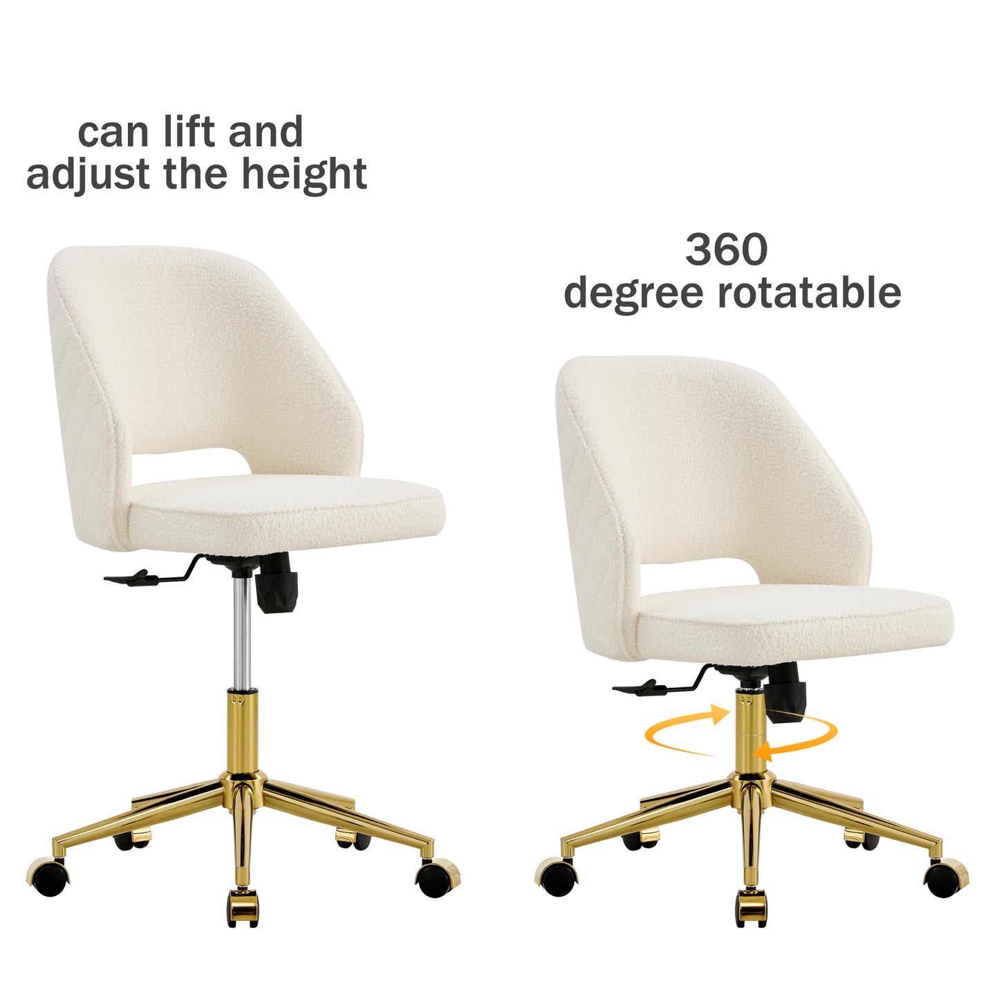 Modern Home Teddy Velvet Office Chairs, Adjustable 360 °Swivel Chair Engineering Plastic Armless Swivel Computer Chair With Wheels for Living Room, Bed Room Office Hotel Dining Room.White.