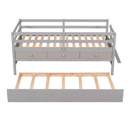 Low Loft Bed Twin Size with Full Safety Fence, Climbing ladder, Storage Drawers and Trundle Gray Solid Wood Bed