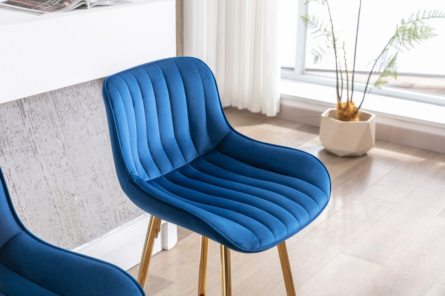 26 Inch Set of 2 Bar Stools,with Steel Frame Footrest Velvet Fabric Golden Leg Simple Bar Stool,BLUE