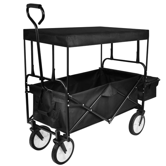 YSSOA Heavy Duty Folding Portable Hand Cart with Removable Canopy, 8'' Wheels, Adjustable Handles and Double Fabric for Shopping, Picnic, Beach, Camping