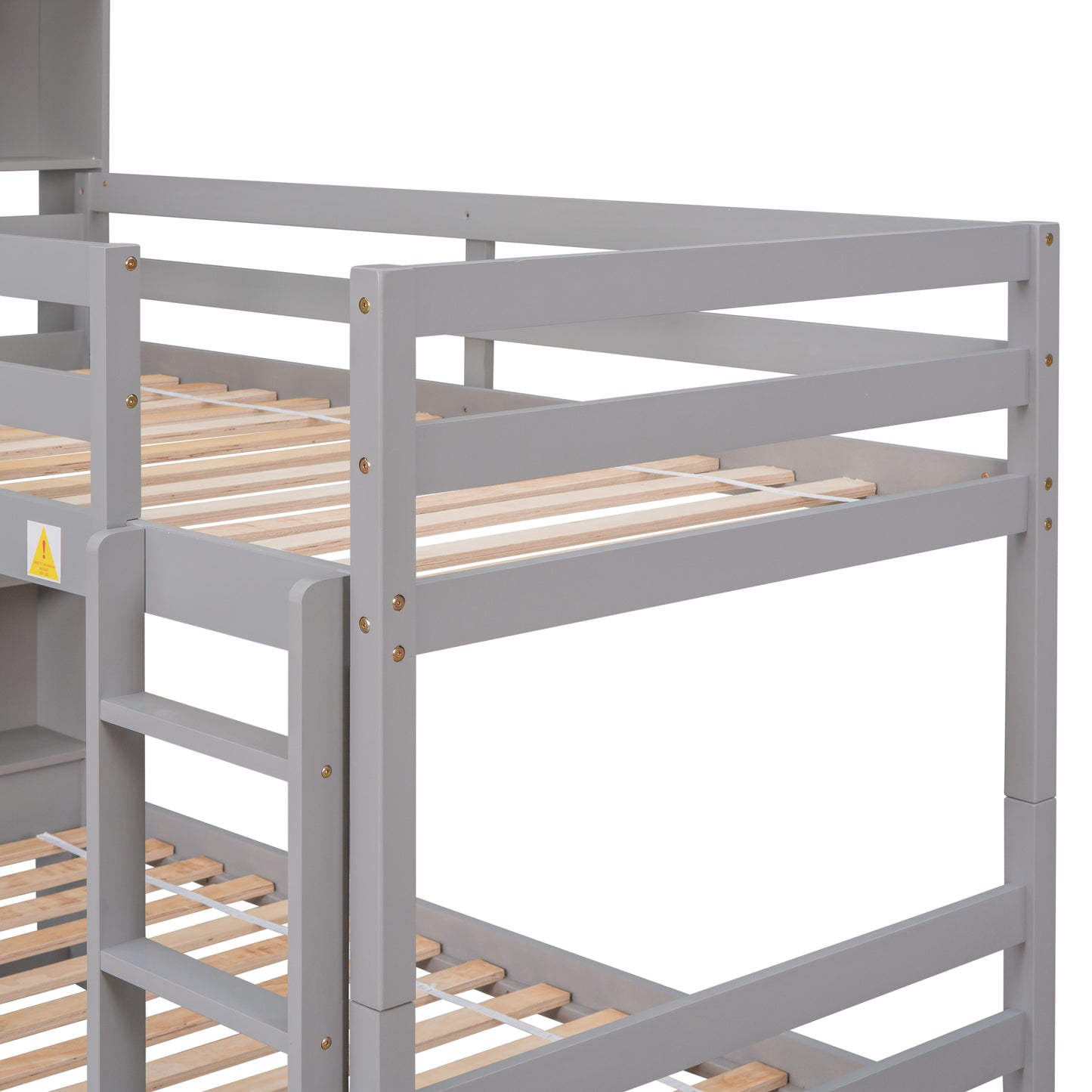 Twin Over Twin Bunk Beds with Bookcase Headboard, Solid Wood Bed Frame with Safety Rail and Ladder, Kids/Teens Bedroom, Guest Room Furniture, Can Be converted into 2 Beds, Grey