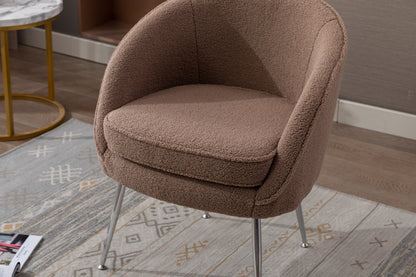 Soft Teddy Fabric Accent Armchair Dining Chair With Shining Electroplated Chrome Legs,Coffee Brown