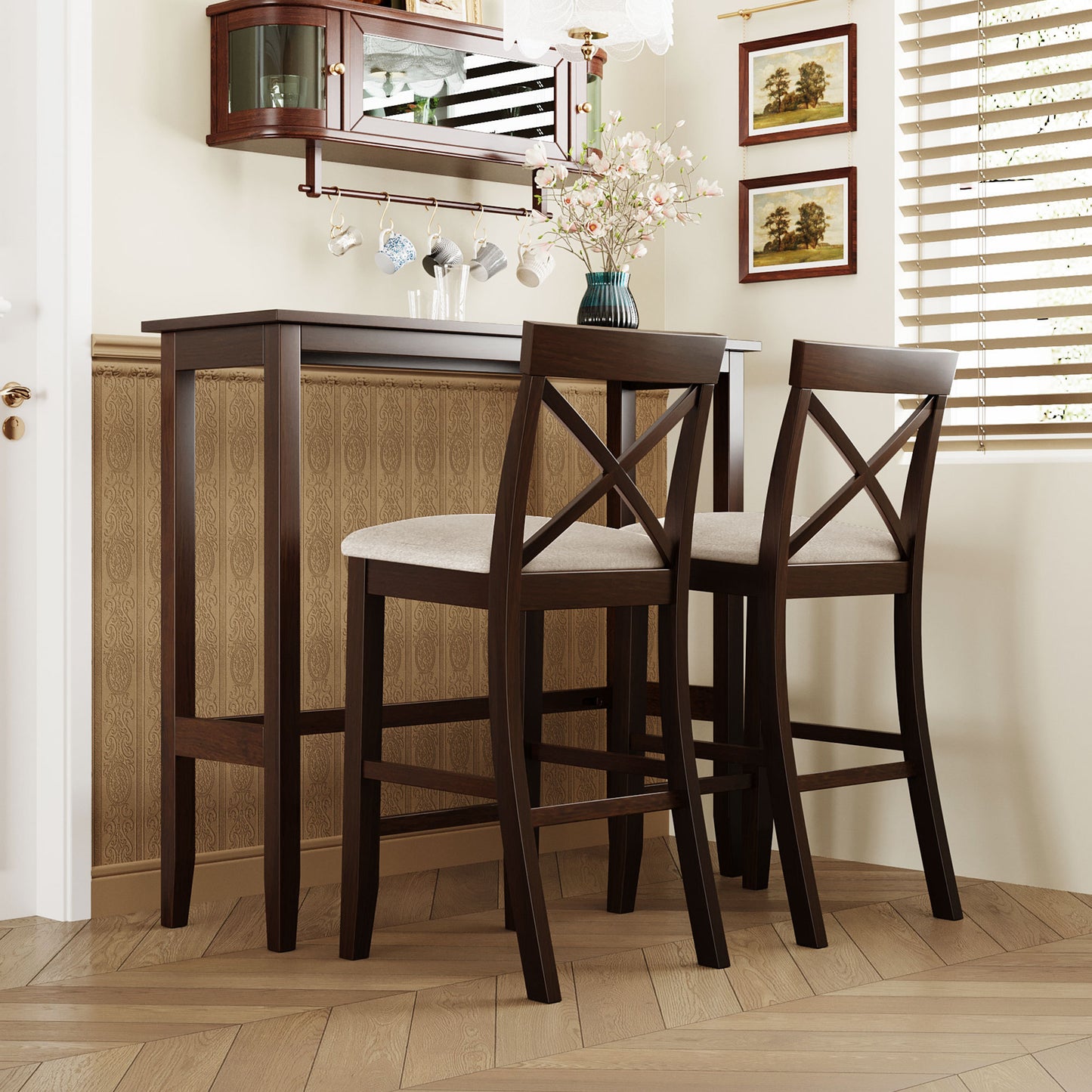 TOPMAX Farmhouse 48”Rectangular Wood Bar Height Dining Set Kitchen Breakfast Nook with 2 Chairs for Small Places,Dark Walnut