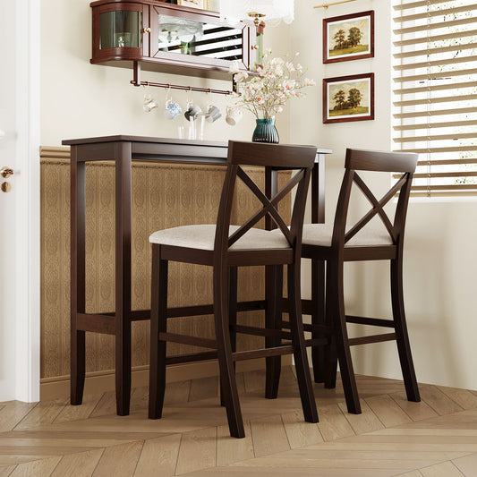 TOPMAX Farmhouse 48”Rectangular Wood Bar Height Dining Set Kitchen Breakfast Nook with 2 Chairs for Small Places,Dark Walnut