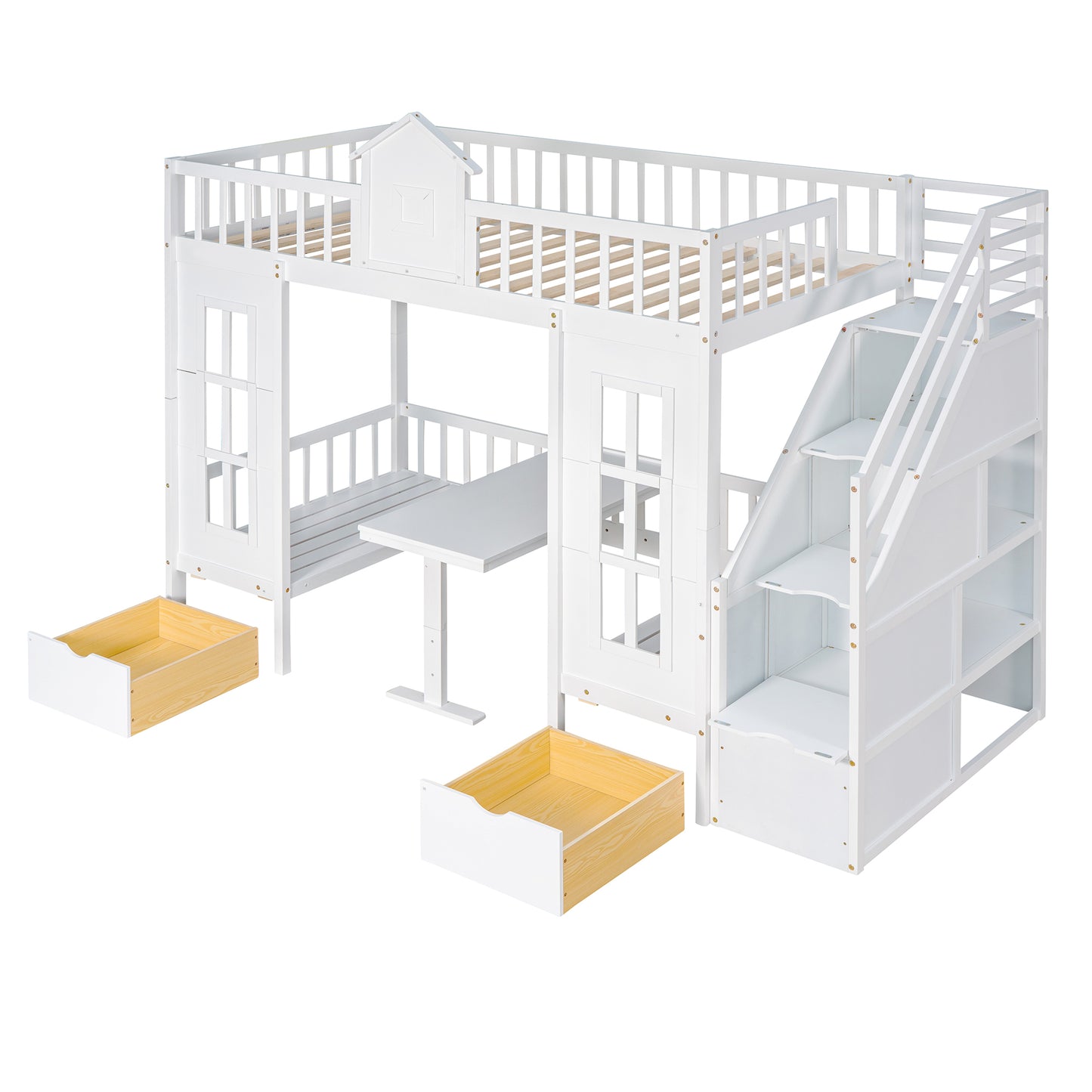 Twin-Over-Twin Bunk Bed with Changeable Table , Bunk Bed  Turn into Upper Bed and Down Desk with 2 Drawers - White