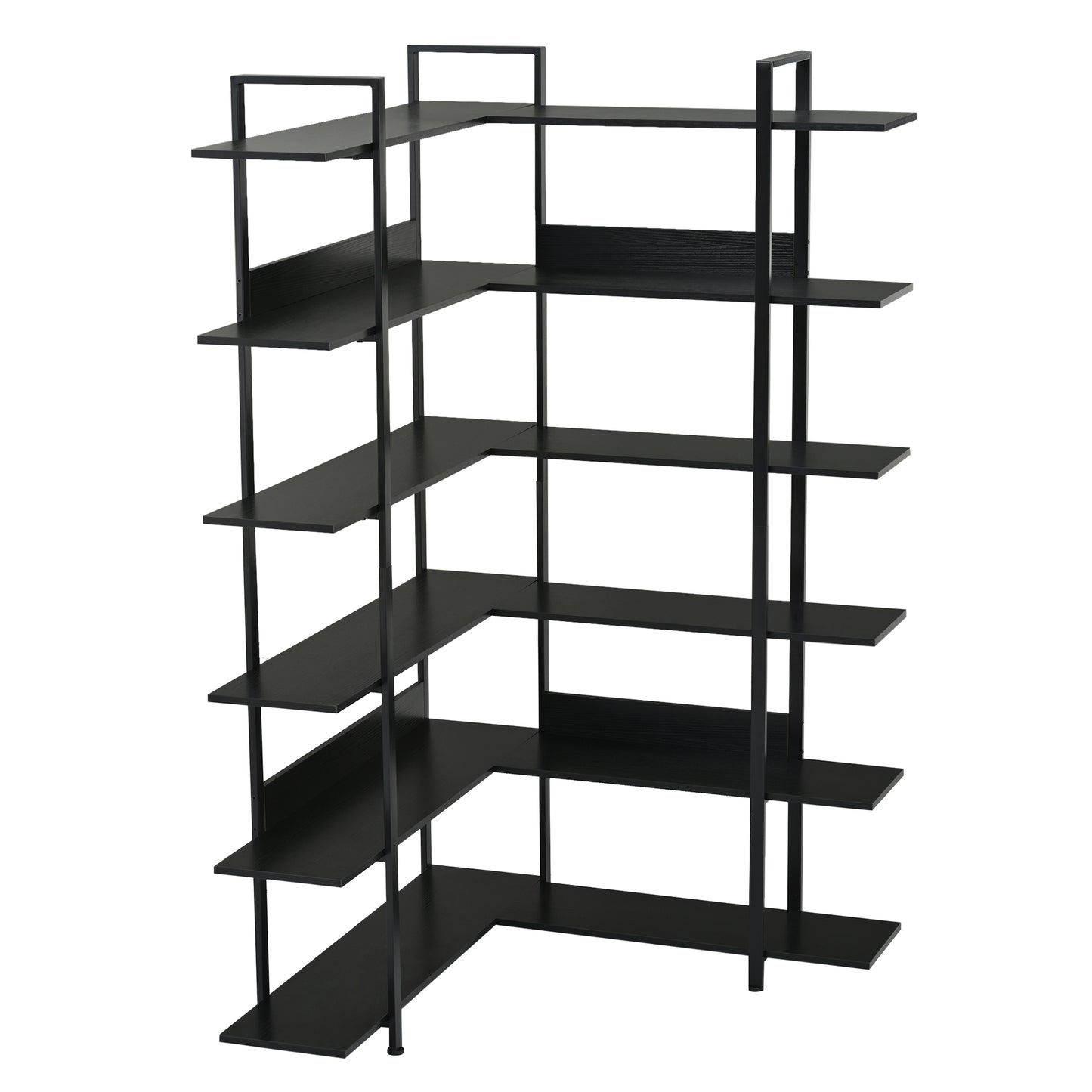 74.8 Inch Bookshelf L-shape MDF Boards Stainless Steel Frame Corner 6-tier Shelves Adjustable Foot Pads, Black