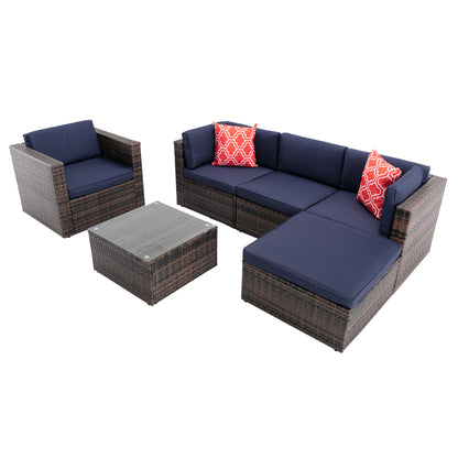 6Pcs Outdoor Garden Patio Furniture PE Rattan Wicker Sectional Cushioned Sofa Sets with 2 Pillows and Coffee Table