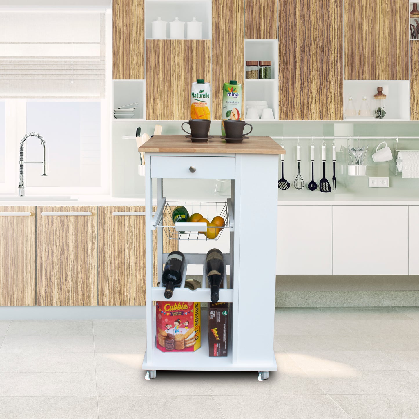 Kitchen Island & Kitchen Cart, Mobile Kitchen Island with Two Lockable Wheels, Rubber Wood Top, Black Color Design Makes It Perspective Impact During Party.