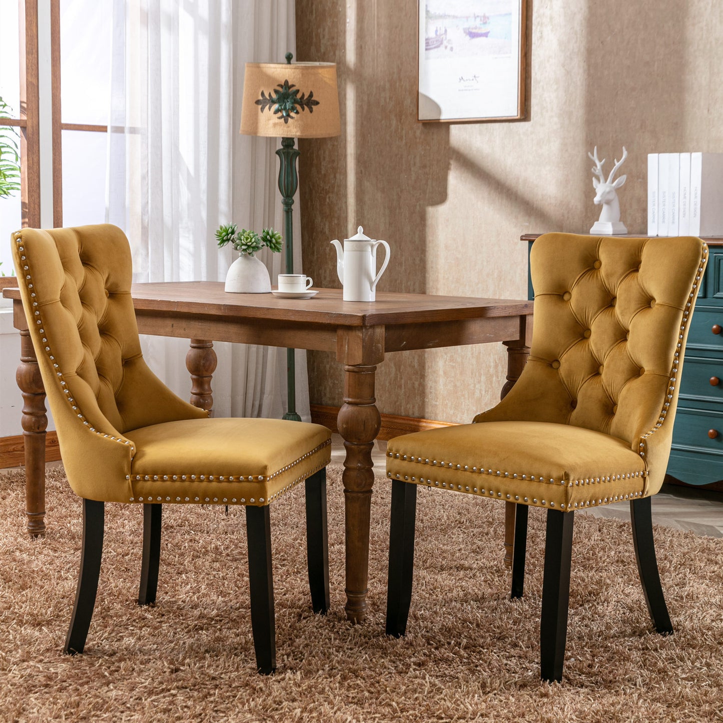 A&A Furniture,Nikki Collection Modern, High-end Tufted Solid Wood Contemporary Velvet Upholstered Dining Chair with Wood Legs Nailhead Trim  2-Pcs Set，Gold