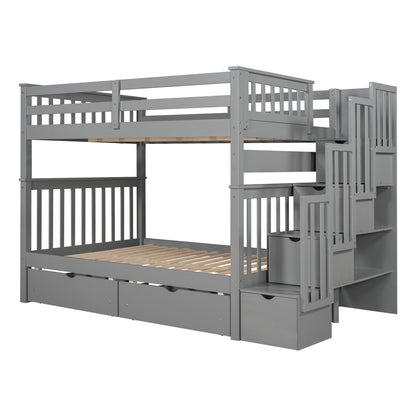 Full Over Full Bunk Bed with Shelves and 6 Storage Drawers, Gray(Old SKU：LP000046AAE)