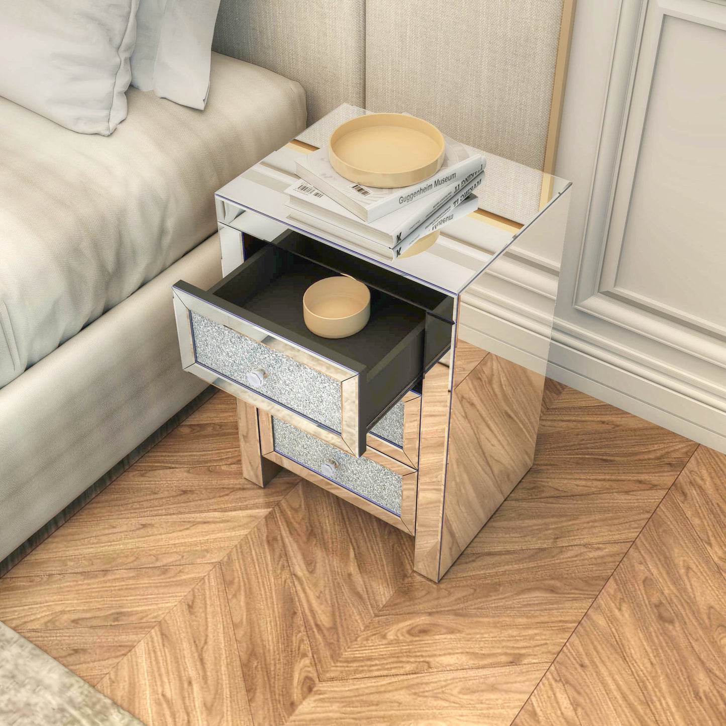 Mirrored Nightstand, Silver Bedside Tables, Mirrored End Table Side Table for Bedroom Living Room