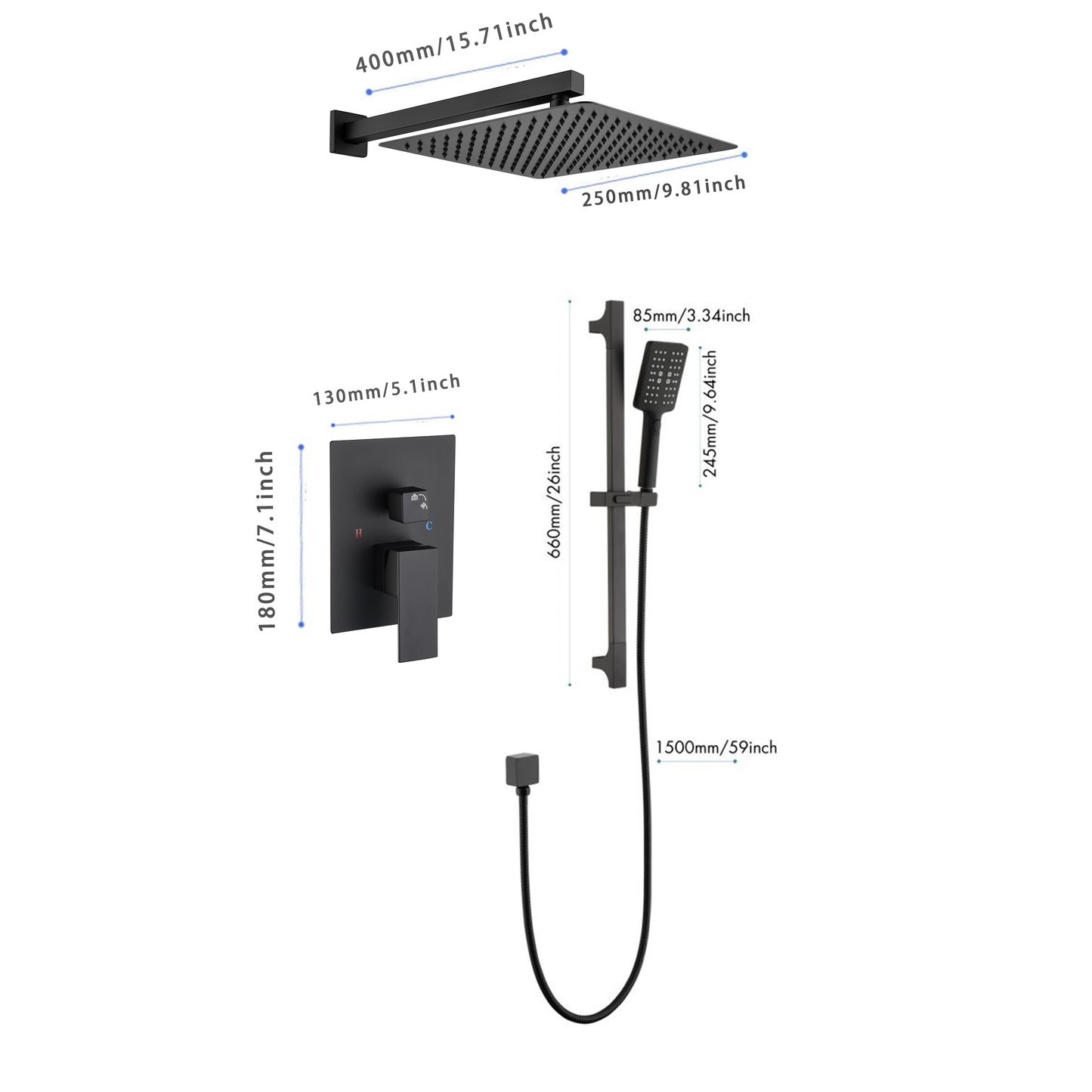 Shower System 10Inch Square Bathroom Luxury Rain Mixer Shower Combo Set Pressure Balanced Shower System with Shower Head, Hand Shower, Slide Bar, Shower Arm, Hose, and Valve Trim