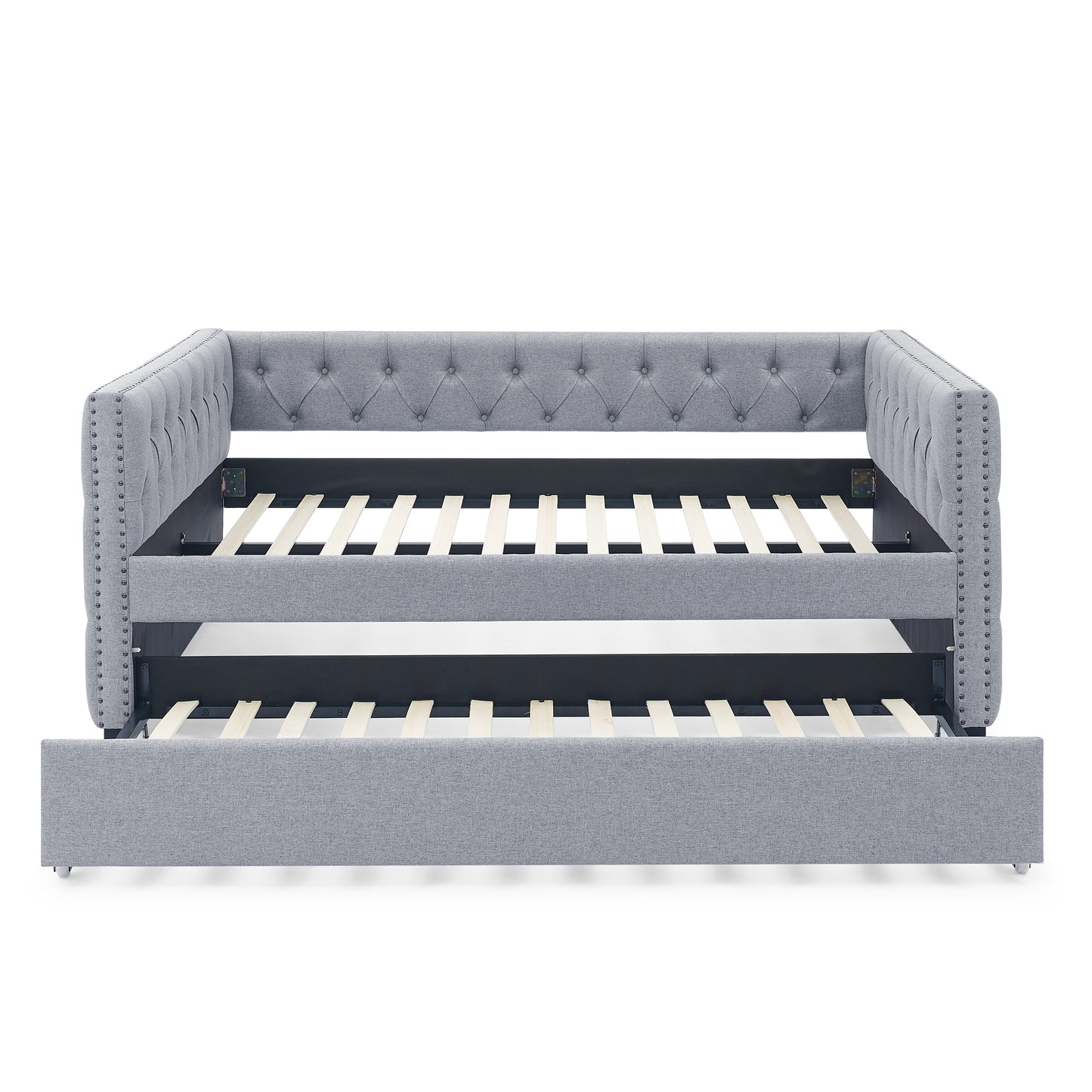 Daybed with Trundle Upholstered Tufted Sofa Bed, with Button and Copper Nail on Square Arms，Full Daybed & Twin Trundle, Grey（85“x57”x31.5“）