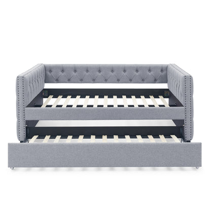 Daybed with Trundle Upholstered Tufted Sofa Bed, with Button and Copper Nail on Square Arms，Full Daybed & Twin Trundle, Grey（85“x57”x31.5“）