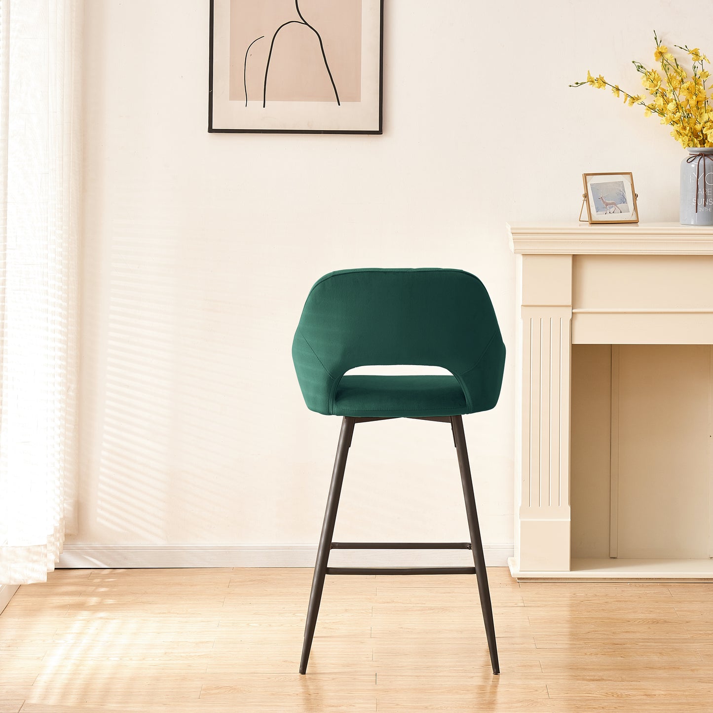 Bar Stools Set of 2 Velvet GREEN Breakfast Dining Bar Stools Fixed Height Bar Chairs with Metal Frame and Footrest for Breakfast Bar, Counter, Kitchen and Home