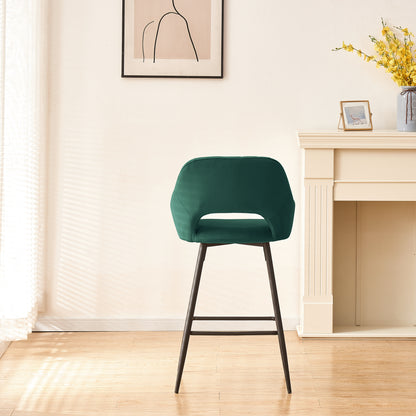 Bar Stools Set of 2 Velvet GREEN Breakfast Dining Bar Stools Fixed Height Bar Chairs with Metal Frame and Footrest for Breakfast Bar, Counter, Kitchen and Home