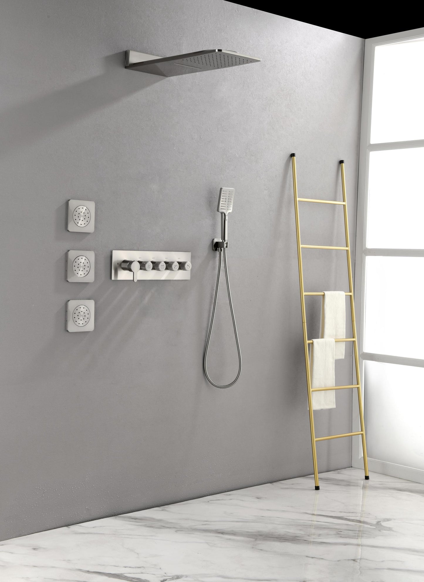 Wall Mounted Waterfall Rain Shower System With 3 Body Sprays & Handheld Shower