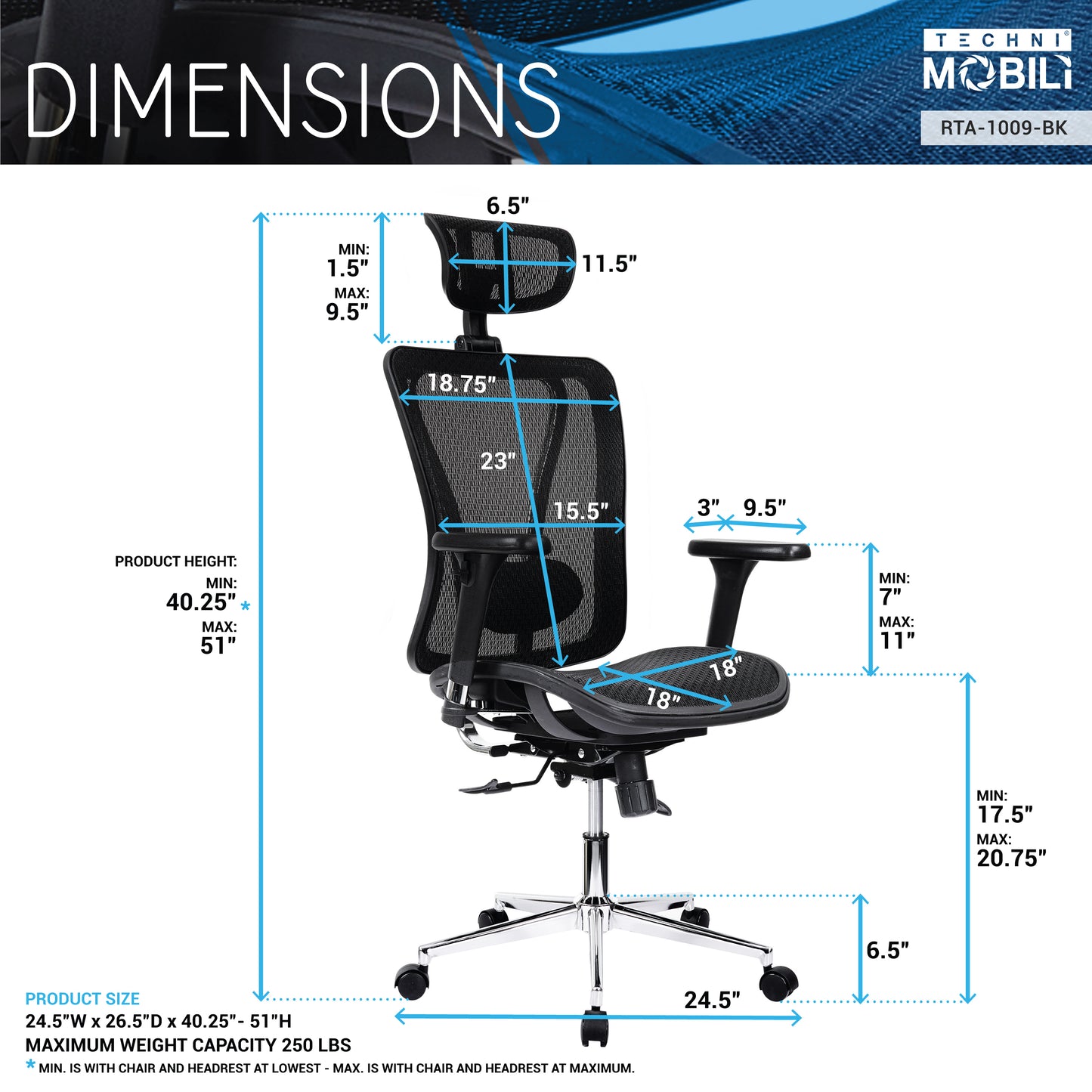 Techni Mobili High Back Executive Mesh Office Chair with Arms, Headrest and Lumbar Support , Black