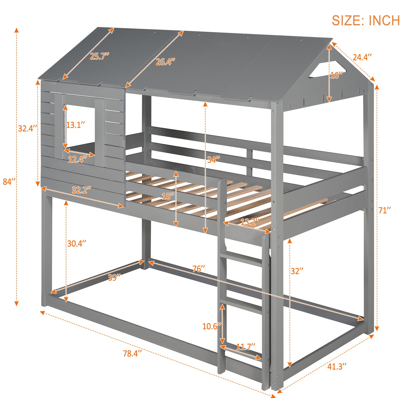 Twin Over Twin Bunk Bed Wood Loft Bed with Roof, Window, Guardrail, Ladder (Gray) (OLD SKU :LP000062AAE)