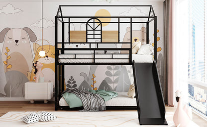 Twin Over Twin Metal Bunk Bed ,Metal Housebed With Slide,Three Colors Available.(Black with Black  Slide)(OLD SKU :LP000095AAB)