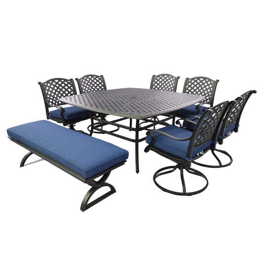 Rectangular 8 - Person 64" Long Dining Set with Cushions, Navy Blue