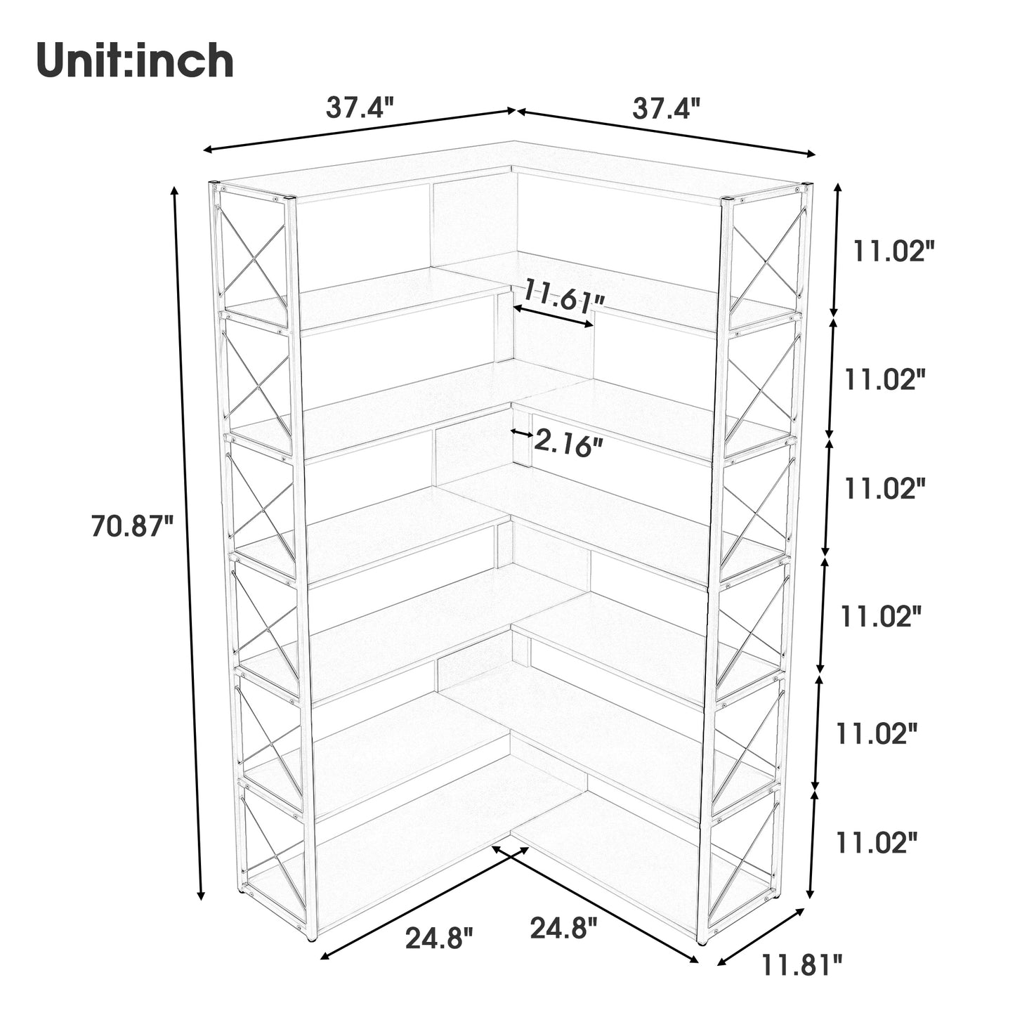 Golden+White 7-Tier Bookcase Home Office Bookshelf,  L-Shaped Corner Bookcase with Metal Frame, Industrial Style Shelf with Open Storage, MDF Board