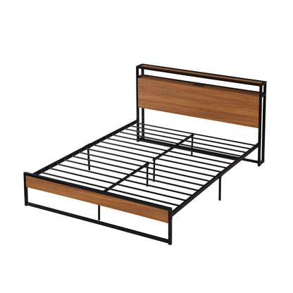 Queen Size Metal Platform Bed Frame with Sockets, USB Ports and Slat Support ,No Box Spring Needed Black