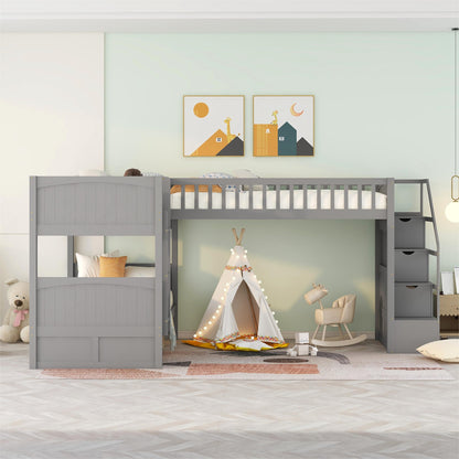 Twin over Twin Wooden L-Shaped Bunk Bed with Ladder and Stairway,Grey(OLD SKU:SM000303AAE-1)