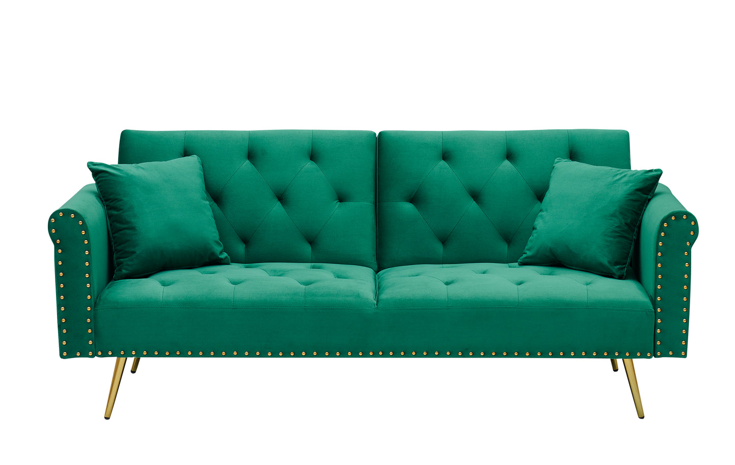 Green velvet nail head sofa bed with throw pillow and midfoot