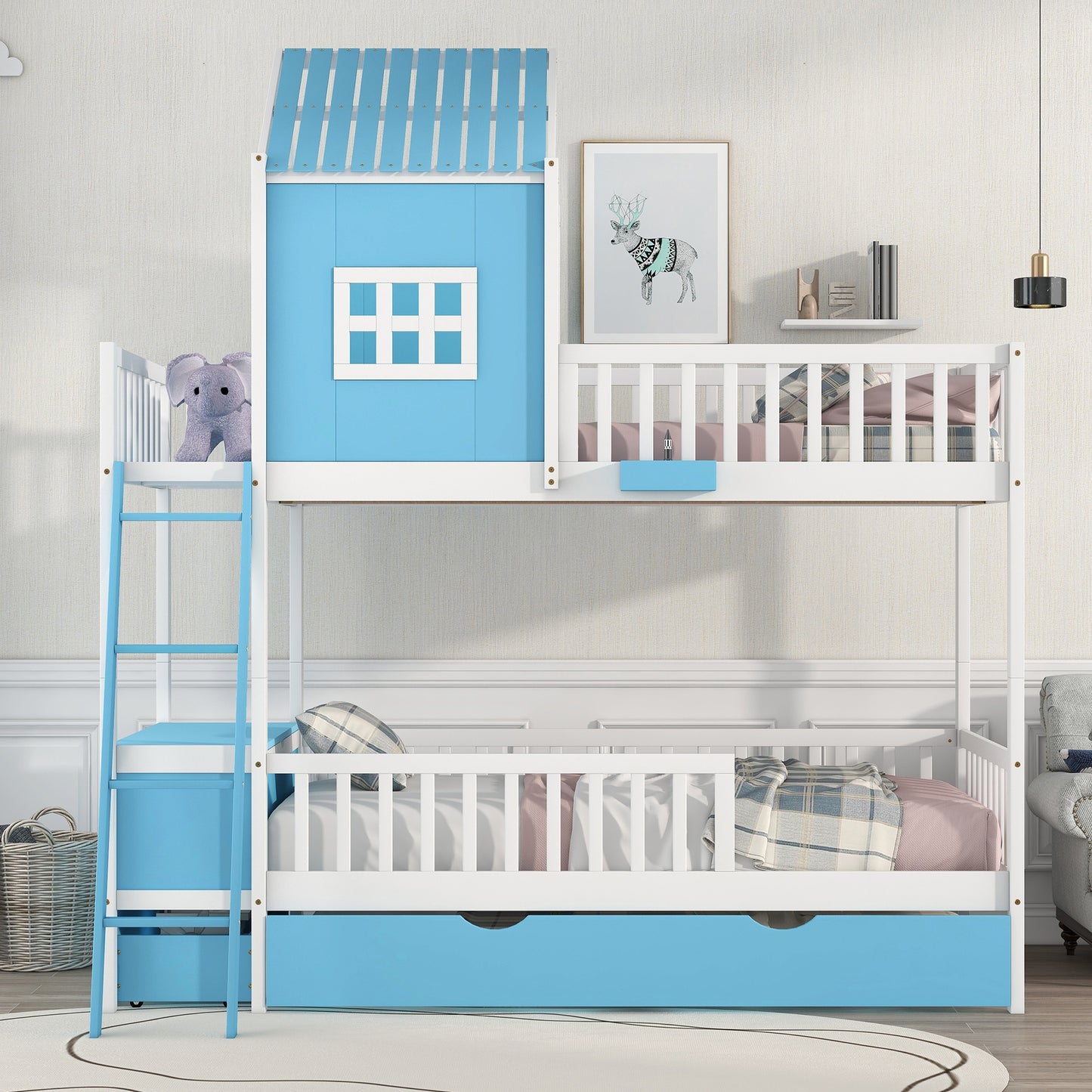 Twin over Twin Bunk Bed with Twin Size Trundle , Farmhouse Bed with Storage Box and Drawer - Blue