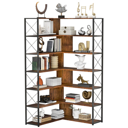 7-Tier Bookcase Home Office Bookshelf,  L-Shaped Corner Bookcase with Metal Frame, Industrial Style Shelf with Open Storage, MDF Board