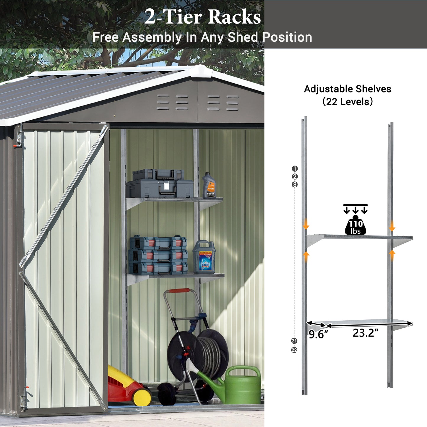 TOPMAX Patio 8ft x6ft Bike Shed Garden Shed, Metal Storage Shed with Adjustable Shelf and Lockable Doors, Tool Cabinet with Vents and Foundation Frame for Backyard, Lawn, Garden, Gray