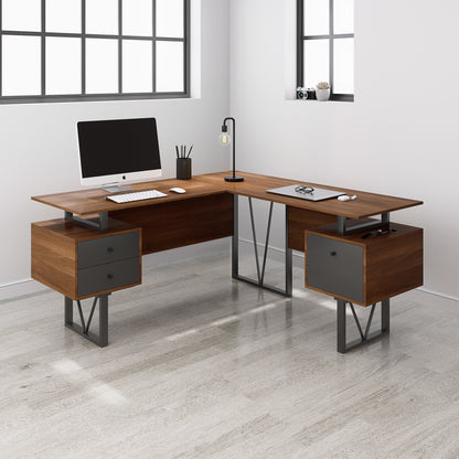 Techni Mobili Reversible L-Shape Computer Desk with Drawers and File Cabinet, Walnut