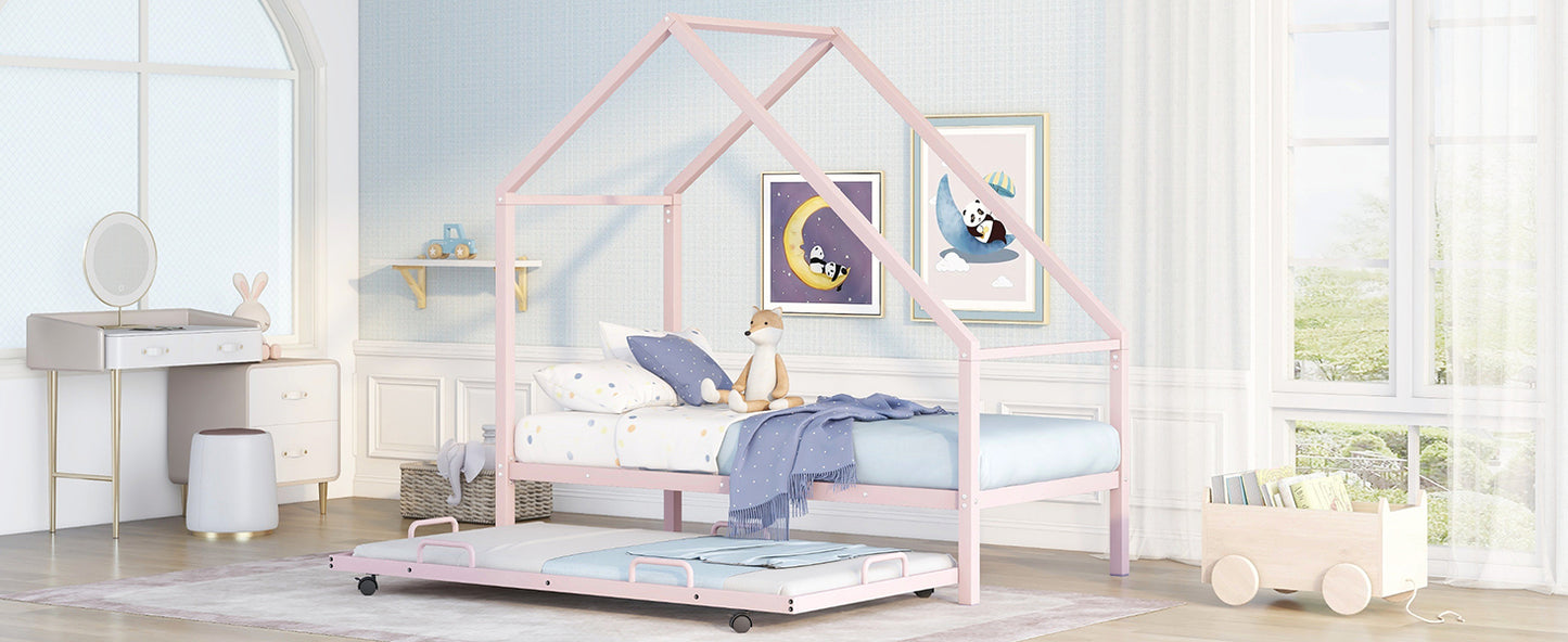 Metal House Bed With Trundle, Twin Size House Bed Pink