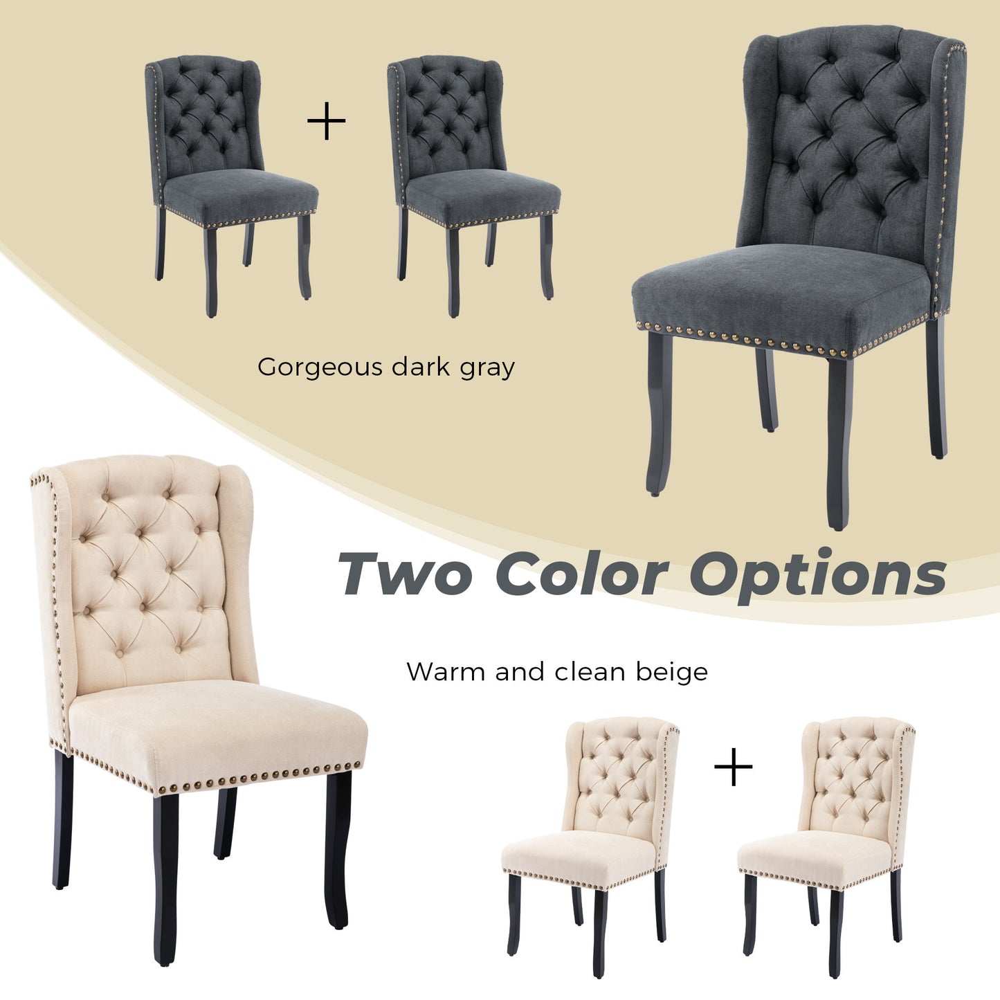 TREXM Cotton Fabric Dining Chairs Set of 2, Upholstered Dining Room Chairs with Solid Wood Legs, Wingback and Button Tufting (Beige)