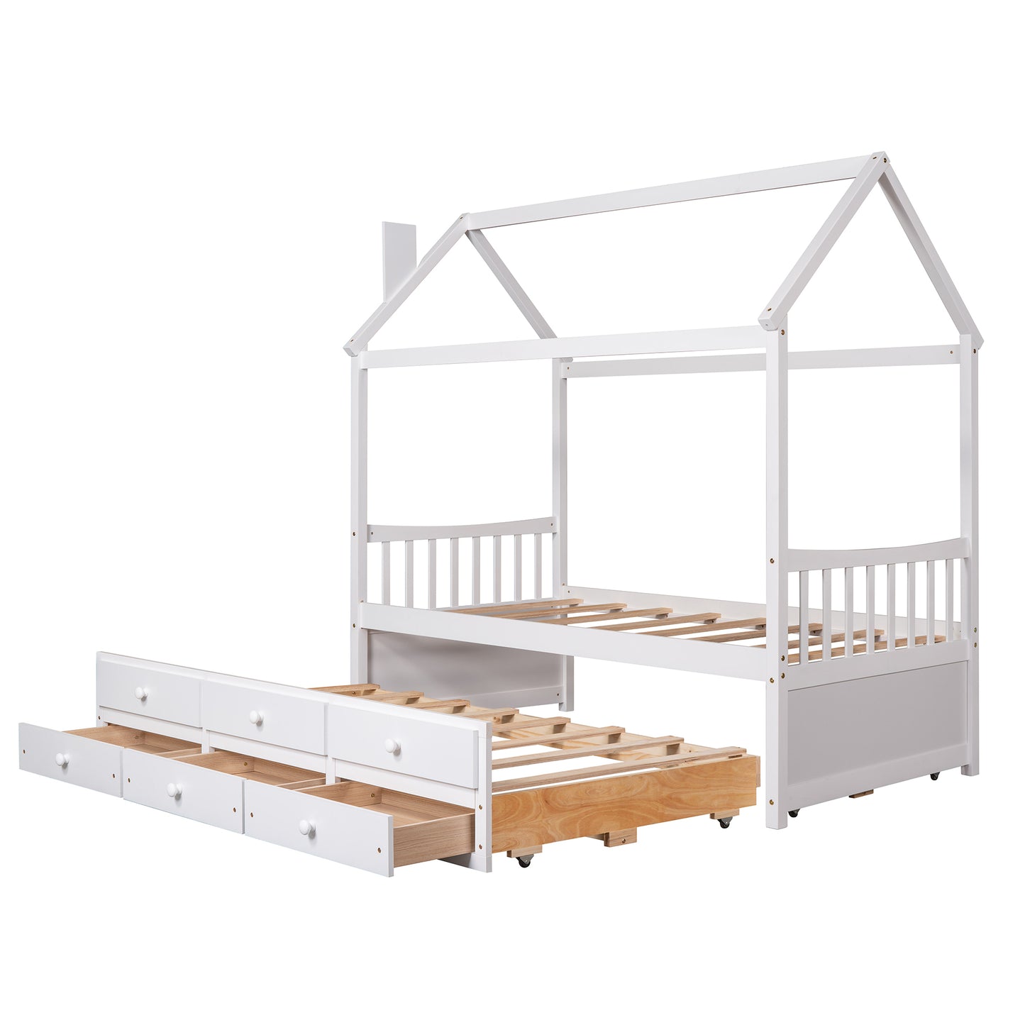 Twin size Wooden House Bed with Trundle and 3 Storage Drawers-White