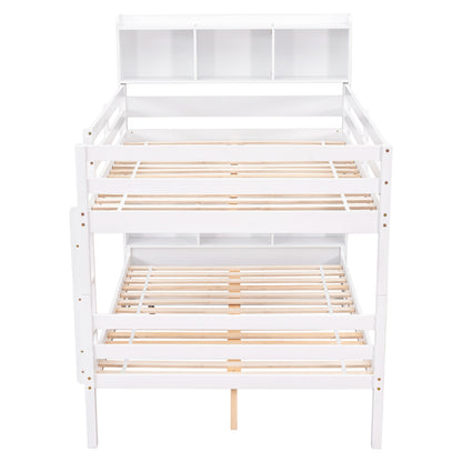 Full Over Full Bunk Beds with Bookcase Headboard, Solid Wood Bed Frame with Safety Rail and Ladder, Kids/Teens Bedroom, Guest Room Furniture, Can Be converted into 2 Beds, White