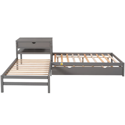 L-Shaped Full Size and Twin Size Platform Beds with Twin Size Trundle and Drawer Linked with Built-in Rectangle Table,Gray