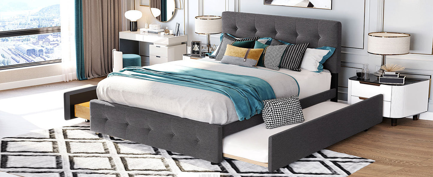 Upholstered Platform Bed with 2 Drawers and 1 Twin XL Trundle,  Linen Fabric, Queen Size - Dark Gray(OLD SKU :LP000314AAE)