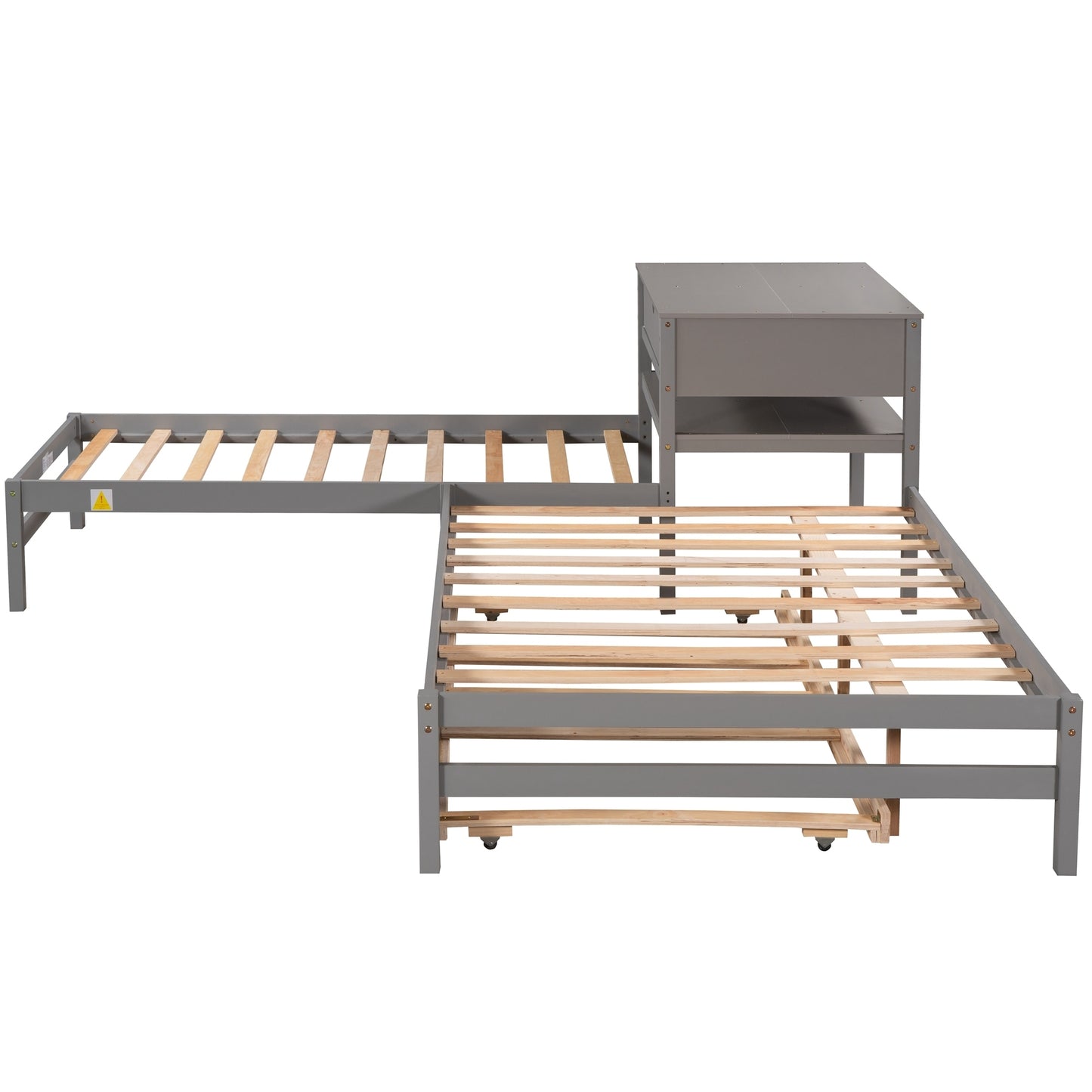 L-Shaped Full Size and Twin Size Platform Beds with Twin Size Trundle and Drawer Linked with Built-in Rectangle Table,Gray