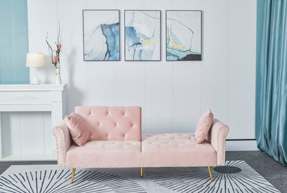 [New+Video]Pink velvet nail head sofa bed with throw pillow and midfoot