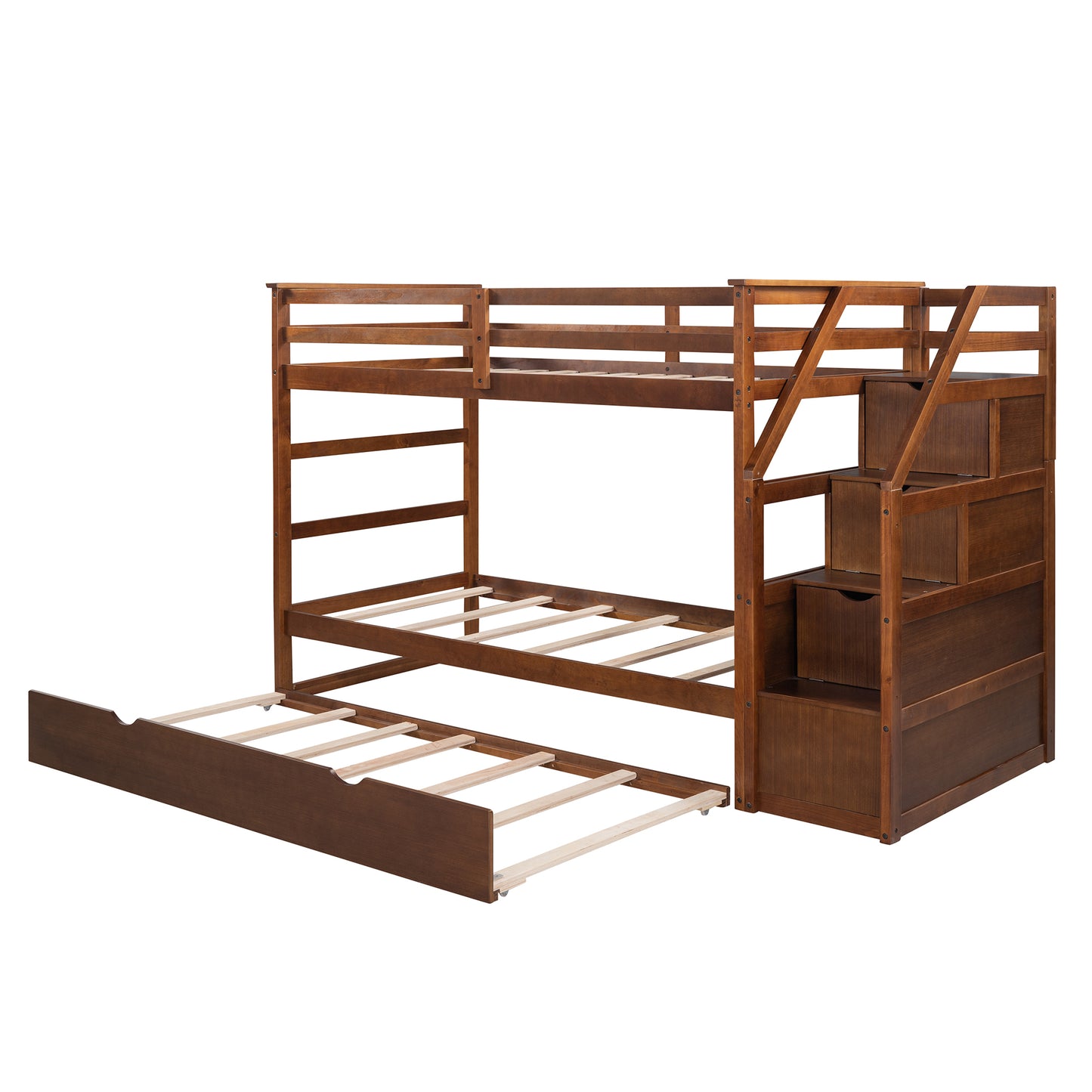 Twin-Over-Twin Bunk Bed with Twin Size Trundle and 3 Storage Stairs,Walnut (OLD SKU :LP000064AAD)