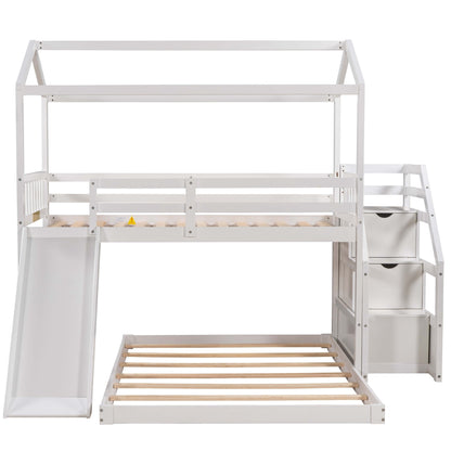 Twin over Full House Bunk Bed with Convertible Slide and Storage Staircase,Full-Length Guardrail,White