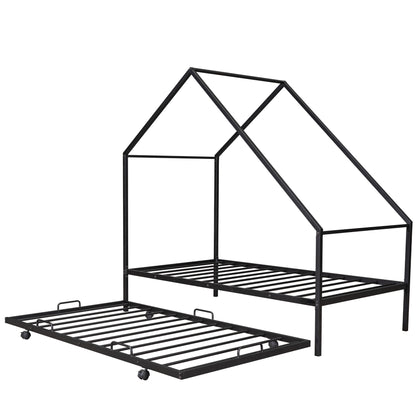 Metal House Bed With Trundle, Twin Size House  Bed Black