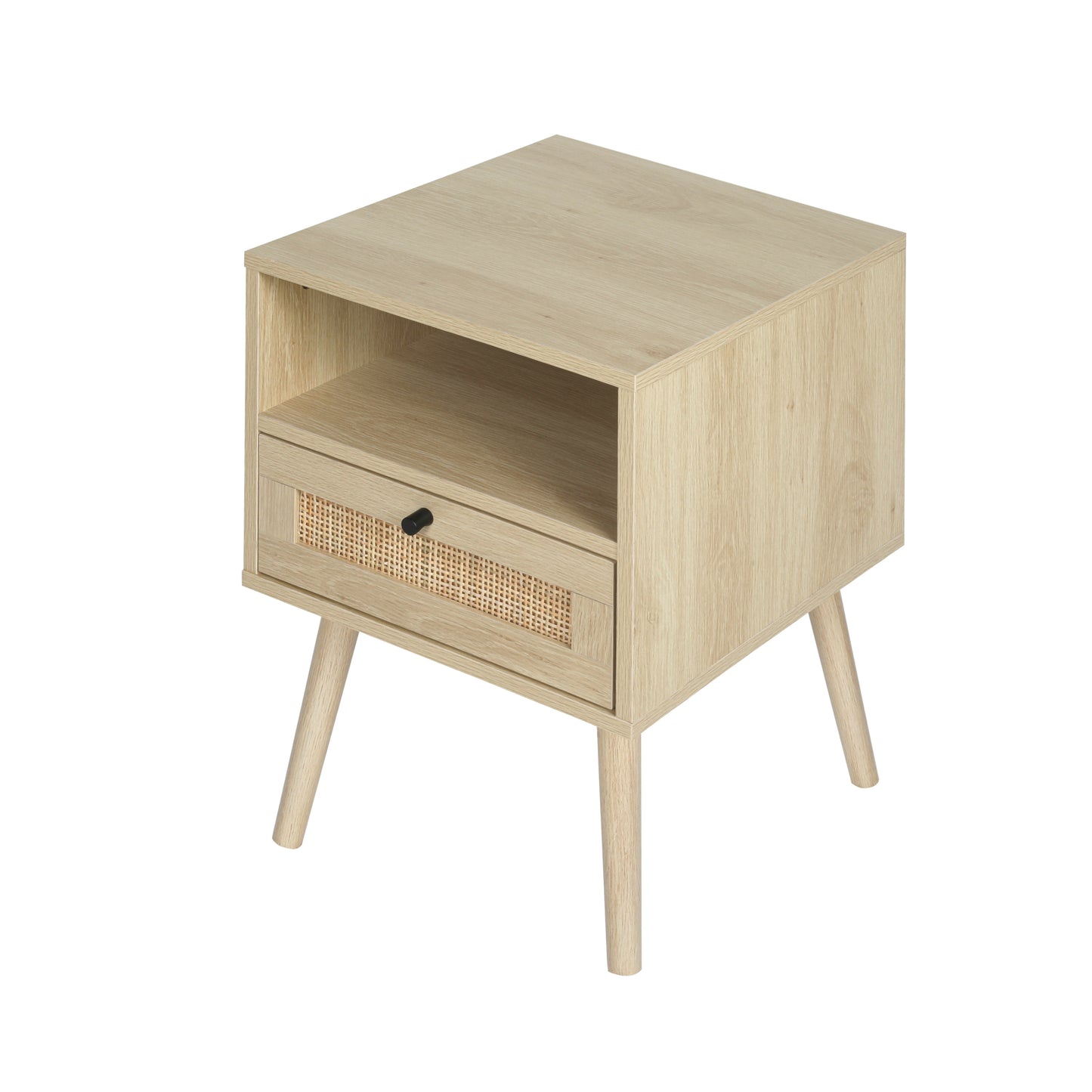 Rattan Nightstands with Rattan-Like Decor Drawer, End Tables with Solid Wood Legs, Side Tables with Open Storage, for Bedroom, Living Room