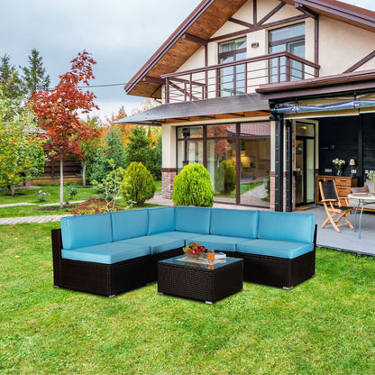 Outdoor Garden Patio Furniture 6-Piece Brown PE Rattan Wicker Sectional Blue Cushioned Sofa Sets