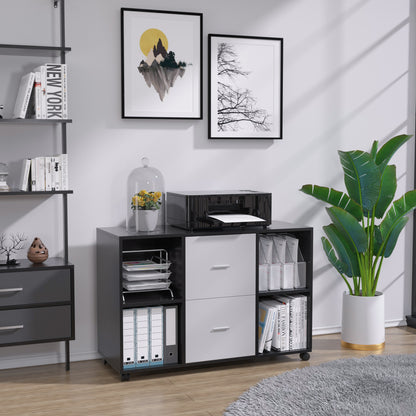 Mobile wood filing cabinet with 2 drawers and 4 open storage cabinets and wheels for home office, black oak light grey